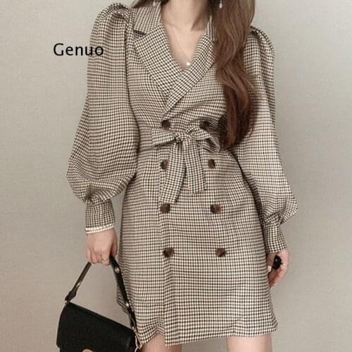 Autumn Winter Womens Blazers Jackets Plaid Vintage Oversized Lady Puff Sleeve Lace Up Checkered Tops