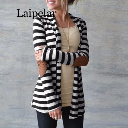 Cardigan Women Long Sleeve Striped Printed Casual Elbow Patchwork Knitted Sweater Plus Size Outerwear