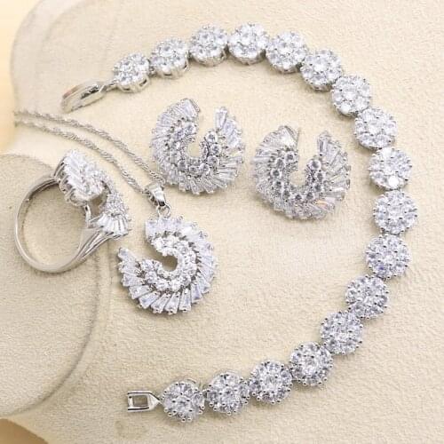 White Cubic Zirconia Silver Bridal Jewelry Sets Women Wedding Costume Necklace Sets Ring Earrings Pendant Bracelet Jewelry