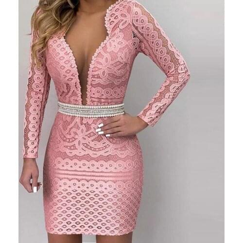 Deep V-Neck Bodycon Dress Long Sleeve Elegant Lace Hollow Long Sleeve Women Dress Streetwear party dress Womens Clothing 2021