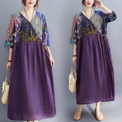 Summer Womens Dress Traditional Vintage Patchwork Printed Purple Loose V-Neck Comfort Drawstring Literature And Art Vestidos
