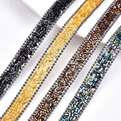 1cm 2yards Designer material Glass beaded rhinestone chain lace trim fabric applique ribbon wrap diy collar bordered cloth Iron