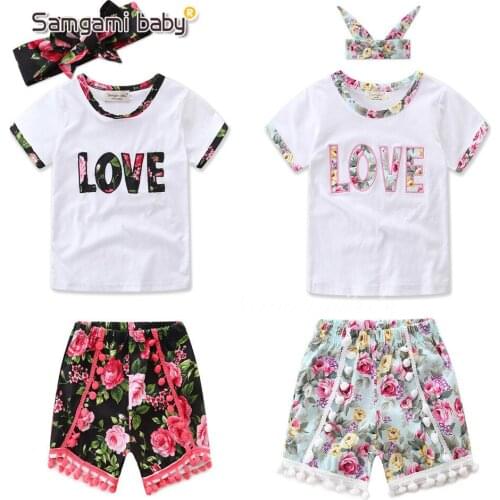 Fashion Baby Girls Summer Love Letter Short Sleeved Floral Suit Cotton T-shirt+shorts+headwear 3pcs Kids Children Clothes Set