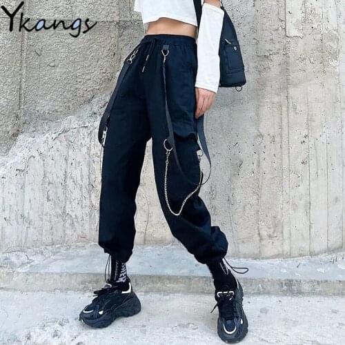 With Chain Black Solid Cargo Pants Women Joggers Harajuku Streetwear Harem Pants Korean Gothic Hip Hop Elastic High Waist Pants