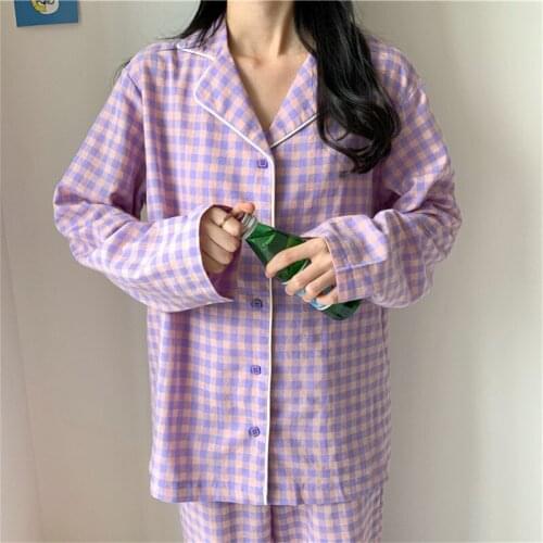 CAIYIER Korean Purple Grid Girls Pajamas Set Cute Winter Long Sleeve Leisure Sleepwear For Women Loose Nightwear Homewear Suit