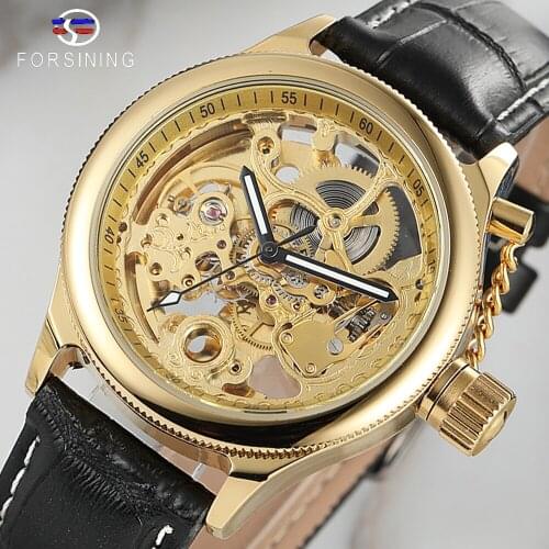Forsining Retro Mens Mechanical Wristwatches Screw Crown Cap Design Golden Skeleton Clock Black Genuine Leather Horloge Mannen
