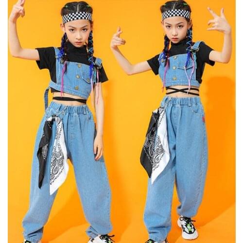 Kids Cool Hip Hop Clothing Black Crop Vest Tank Tee Tops Jeans Pants For Girl Boy Concert Jazz Dance Costume Clothes