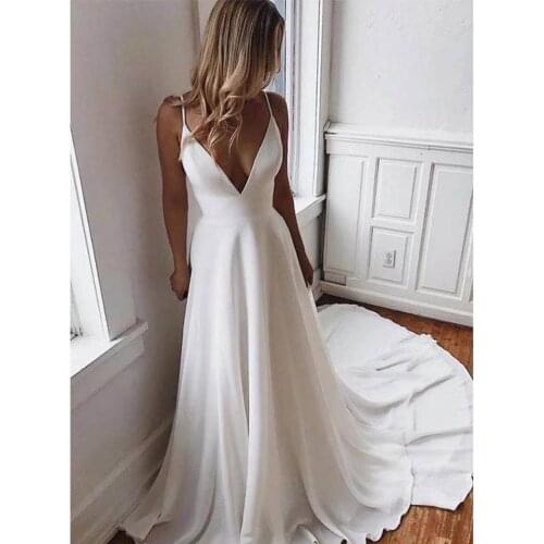 Long Chiffon Boho Beach Wedding Gown,Summer A Line Simple White Bride Wedding Dress, V Neck Bridal Party Dress,Vestido De Noiva