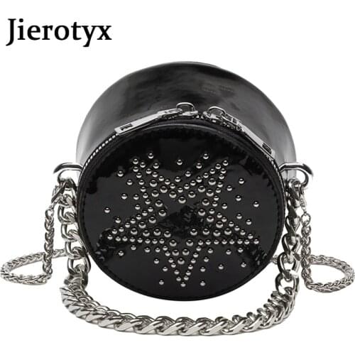 JIEROTYX 2021 Summer Patent Leather Rivets Women Shoulder Bags Fashion Gothic Pentagon Female Handbags Casual Street Style Black
