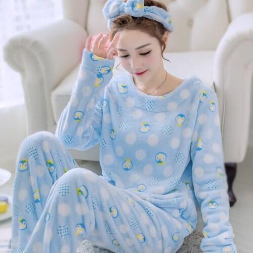 Coral Fleece 2PCS Pajamas Set Women Casual Shirt&Pants Sleep Suit Home Clothes Winter Flannel Sleepwear Pijamas Nightgown