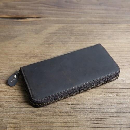 Genuine Leather Wallet For Men Vintage Handmade Cowhide Long Zipper Clutch Wallets Purse Phone Bag With Card Holder Coin Pocket