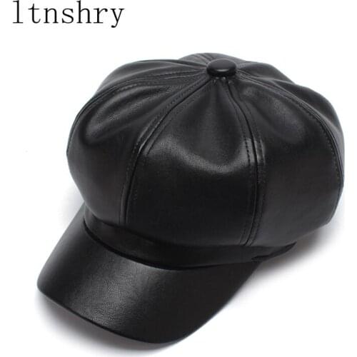 Leather Newsboy Cap Quality Fashion Artist PU Leather Female Korean Octagonal cap Spring Winter Casual Beret women Flat Hat