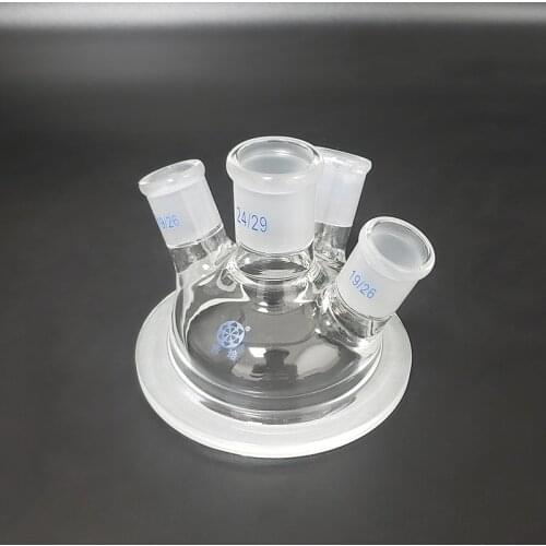 Four ground mouth reaction bottle cap,100mm/150mm/200mm/230mm flange,Oblique shape,Mid 24/29,Side 19/26,Glass cover