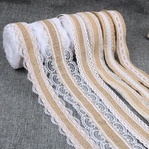 2Meters/Lot 25mm Jute Burlap Hessian Ribbon with White Lace Trim Vintage Rustic Wedding Decoration DIY Handmade Crafts Ribbon