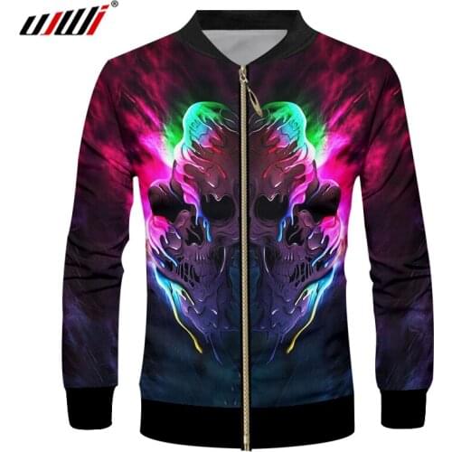 UJWI Mens Print Colorful Skull 3D Zipper Jackt Coat Man Long Sleeve Stand Collar Outwear Tracksuits Fall Winter Casual Jackets