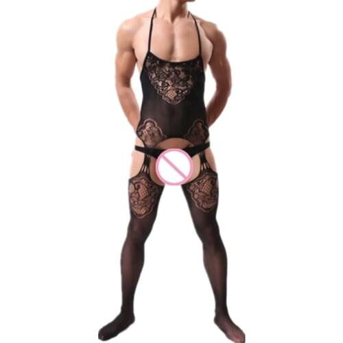 Male Pajamas Sexy Lingerie Sleepwear Open Crotch Bodystocking 2020 Body Stocking Nightgown Erotic Underwear Men Halter Bodysuit