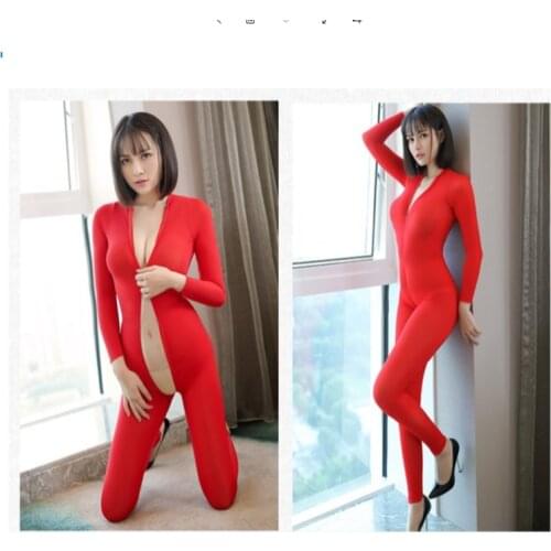 New Sexy Lingerie Women Open Crotch Full Zipper Bodystocking Ultra Thin Transparent Ice Silk Shaping Bodysuit Extra Large Size