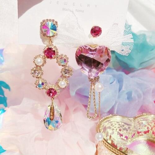 MWSONYA New Korean Fashion Asymmetric Heart Crystal Long Rhinestone Drop Earrings For Women Elegant Lace Bowknot Brincos Jewelry