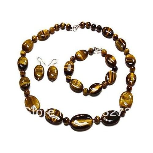 Charming Natural Gem Jewelry Set 4-20mm Brown Color Tigers Eye Rice Beads Necklace Bracelet Earring New Free Shipping