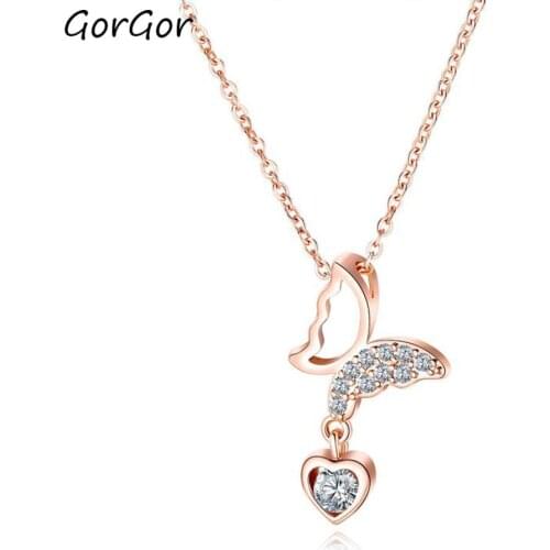 GorGor Beating Heart Key Necklace Gold Plated Cubic Zirconia Dancing Birthstone Forever Love Necklaces Jewelry Gifts 463