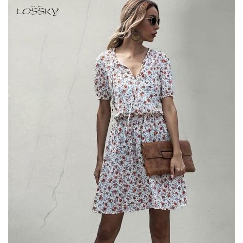 Dress Women Casual Summer Flower Print Mini Dresses Vintage Black Floral Fitted Clothing White 2020 Retro Clothes Women Everyday