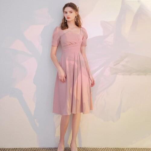 Bridesmaids Dresses Vintage Square Collar Short Pleat Knee-Length Jersey A-Line Luxury Pink Elegant Lady Wedding Party Gown E729