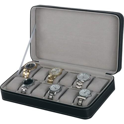 12 Slots Zipper Watch Box for Men - Luxury PU Leather Watches Display Case, Jewelry Storage, Large Holder for Bangle Bracelet