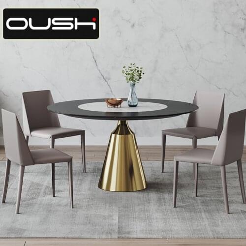 Light luxury rock plate dining table with round built-in turntable, golden rotary designers creative household simple round