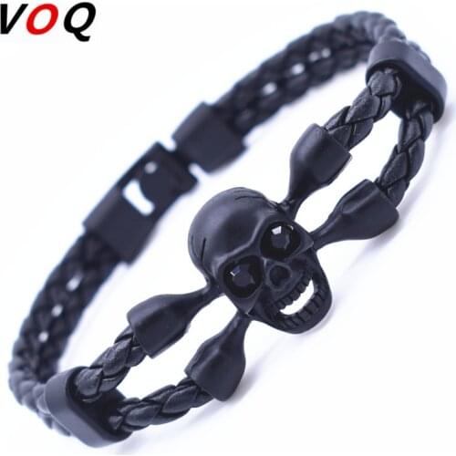 Vintage Black Skull Bracelets Bangles Hand Made Top Quality Length 210mm Leather Bracelet Skeleton Charm Bracelet Men Jewelry