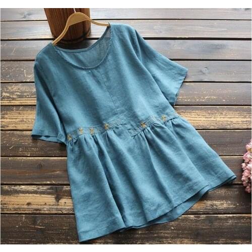 New Summer Arts Style Women Short Sleeve Loose Casual O-neck T-shirt Cotton Linen Embroidery vintage Tee Shirt Femme Tops
