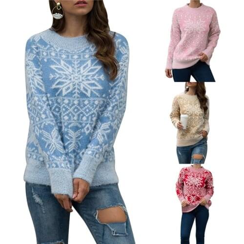 Women Snowflake Sweater, Winter Warm Long Sleeve Round Neck Knit Loose Pullover Tops, 4 Colors, S/M/L/XL