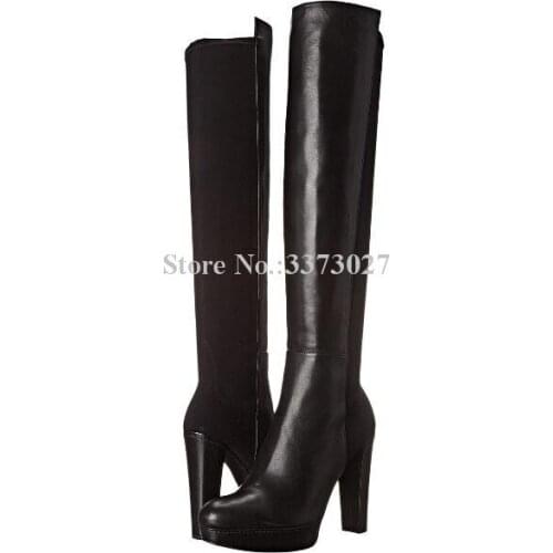 Lady Platform Chunky Heel Long Boots Fashion Black Leather Suede Knee High Boots Women New Sexy Winter Knight Boots Dropship