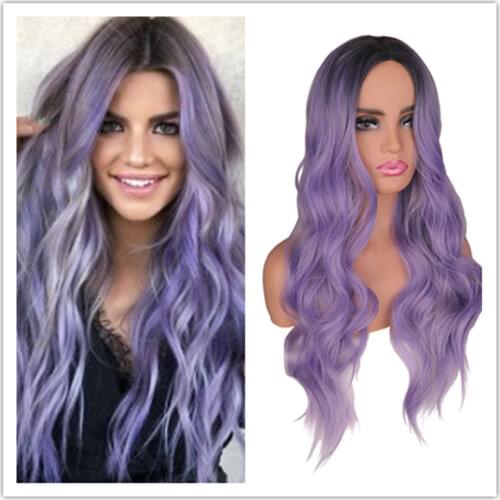 SuQ Women Long Wavy Wig Hair Synthetic Natural Wavy Cosplay Party Ombre Black with Purple Heat Resistant Daily Fashion Wigs