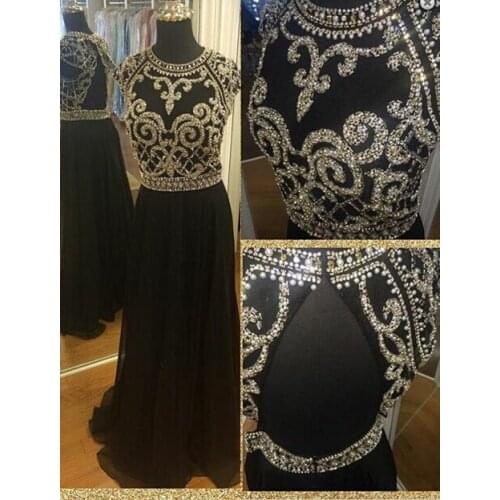 Elegant Heavy Beaded A-Line Long O-Neck Prom Dresses Sexy Robe De Soiree Chiffon Open Back Floor Length Black Formal Party Gown