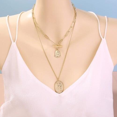 2021 Fashion Jewelry Retro Portrait One-word Chain Trend Necklace Simple Fashion Geometric Double Necklace Female