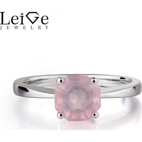 Leige Jewelry Real Pink Quartz Fine Jewelry Octagon Wedding Solitaire Rings For Woman Solid 925 Sterling Silver