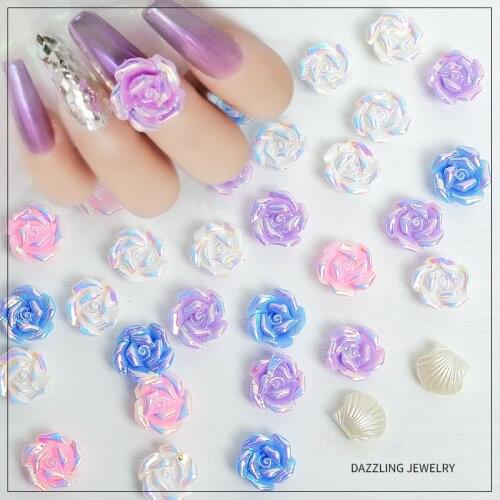 10Pcs Aurora Colors Rose Shaped Nail Art Rhinestones Holographic Sparklely Flower Resin Gems For Nails Dazzling Designer Charms