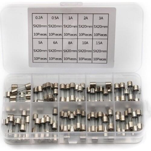 100/72pcs 5x20mm 0.2-30A Quick Blow Glass Tube Fuse Assortment Kit 250V Fast-blow Glass Fuses