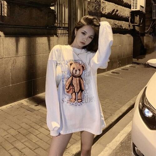 2021 Fashion Women Sweatshirts Oversized Couple Sequins Bear Pullover Cotton Soft Casual Loose T Shirt Korean Harajuku Thin Tops