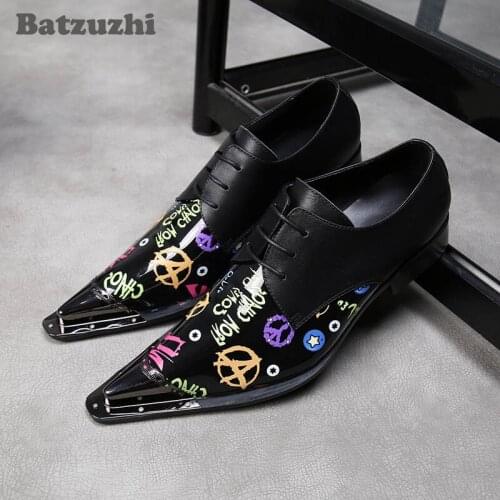 Batzuzhi Black Genuine Leather Dress Shoes Men Fashion Men Oxford Shoes Pointed Metal Toe Lace-up Formal Business Shoes, Big 12