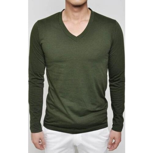 Free shipping mens slim V leader green long-sleeved T shirt pure cotton undershirt low collar T