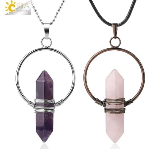 CSJA Natural Stone Healing Pointed Pendant Necklaces Hexagonal Column Circle Winding Wire Bullet Crystal Women Yoga Jewelry G376