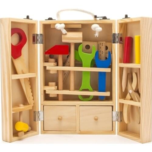 Baby early education wooden sconstruction toys multifunctional carpenters tool box kits