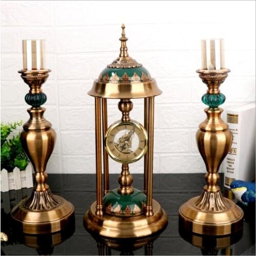 European Retro Desk Clock Mute Bedroom Clock Desktop Candle Holders Metal Wedding Decoration Table Centerpieces candlelight