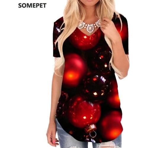 SOMEPET Christmas T-shirt women Red Tshirts Printed Decorate T-shirts 3d Harajuku V-neck Tshirt Womens Clothing Fashion Loose