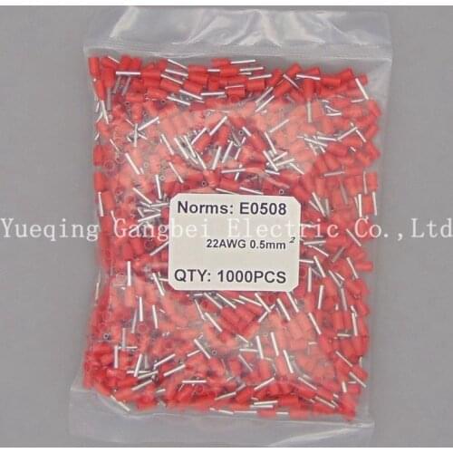 Red E0508 22AWG 0.5mm Wire Copper Crimp Connector Insulated Cord Pin End Crimp Terminal