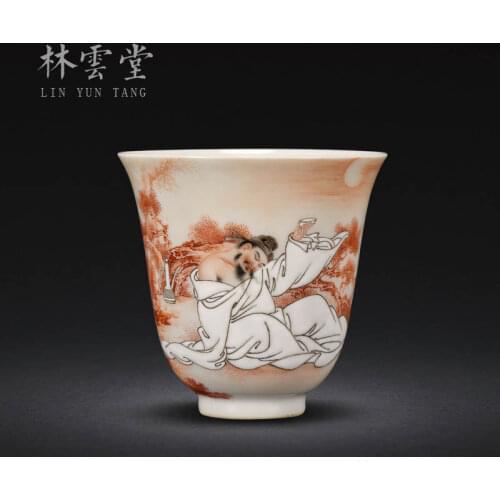 Lin Yuntang hand painted Li Bai drunk alum red Master Cup single cup Jingdezhen handmade ceramic kungfu tea cup
