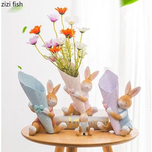 Lovely Rabbit Vases Plant Pots Decorative Flower Arrangement Bunny Vase Living Room Decoration Cartoon Figurines Resin Ornaments