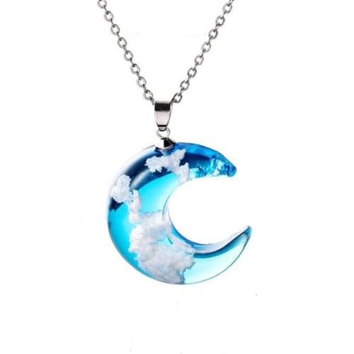 Fashion Creative Blue Sky White Cloud Transparent Moon Resin Necklace Jewelry for Women Gifts