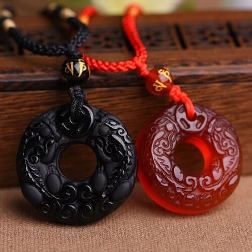 Natural Obsidian and Red Agate Pixiu Jade Pendant Jewelry Lucky Exorcise evil spirits Auspicious Amulet Pendant Fine Jewelry
